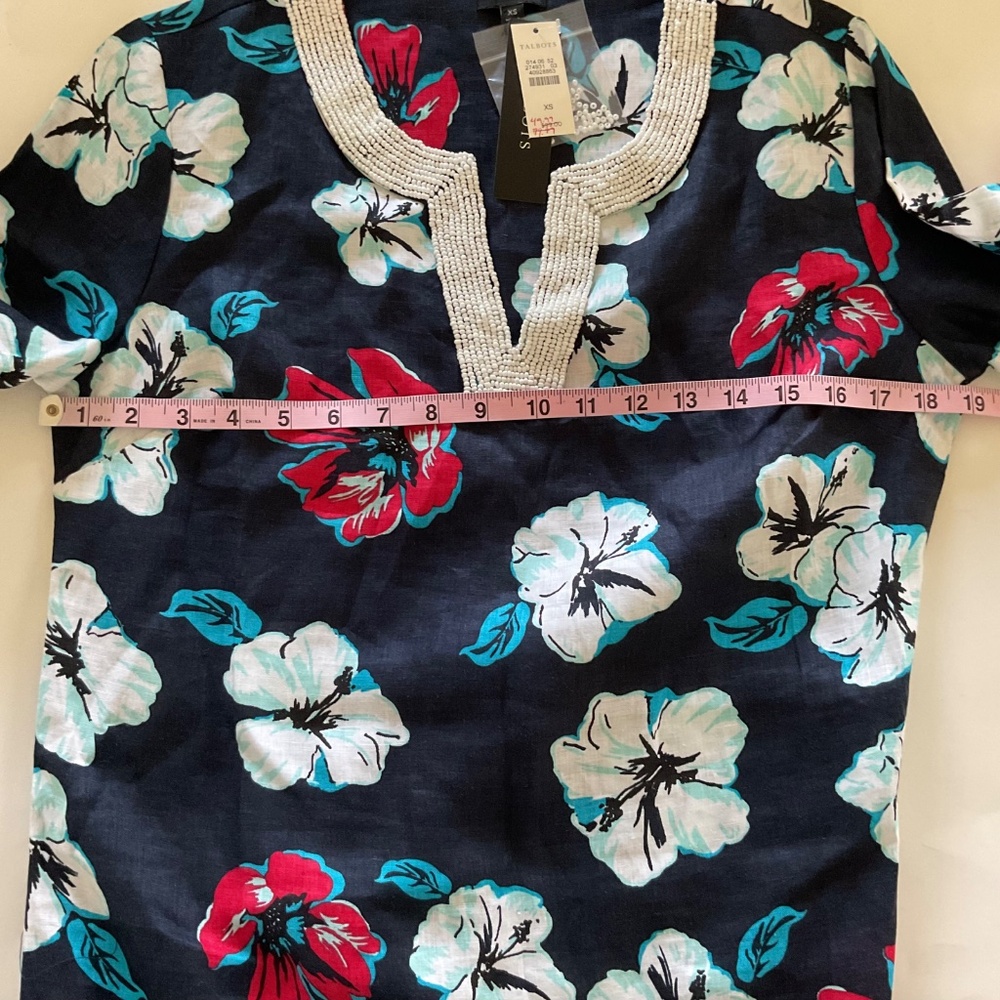 Talbots 100% Linen Beaded Neckline Navy Hibiscus Tropical Floral Tunic Dress XS - Picture 9 of 15